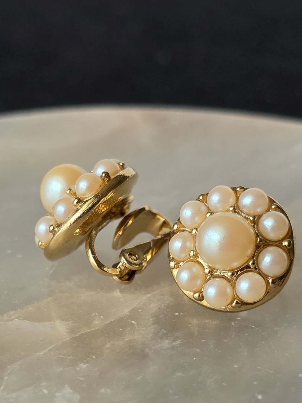 Vintage Signed Crown Trifari Gold and Pearl Cluster Clip On Earrings